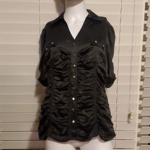 Zoompy black short sleeve blouse, black woth silver accents, L, silky